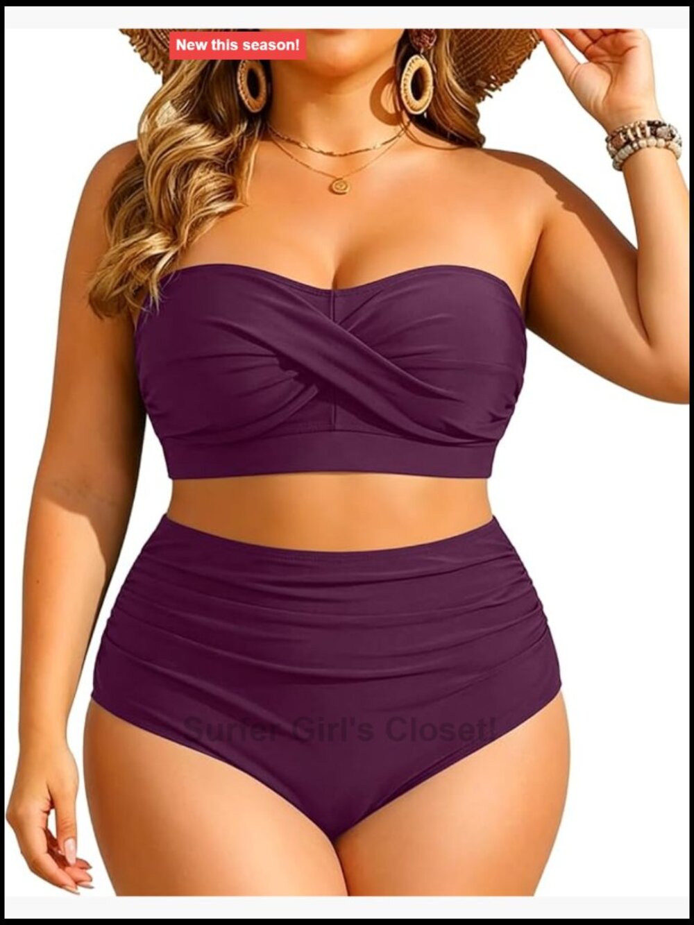 Plus Size Two Piece Twist Front Bandeau High Waisted Tummy Control Bikini